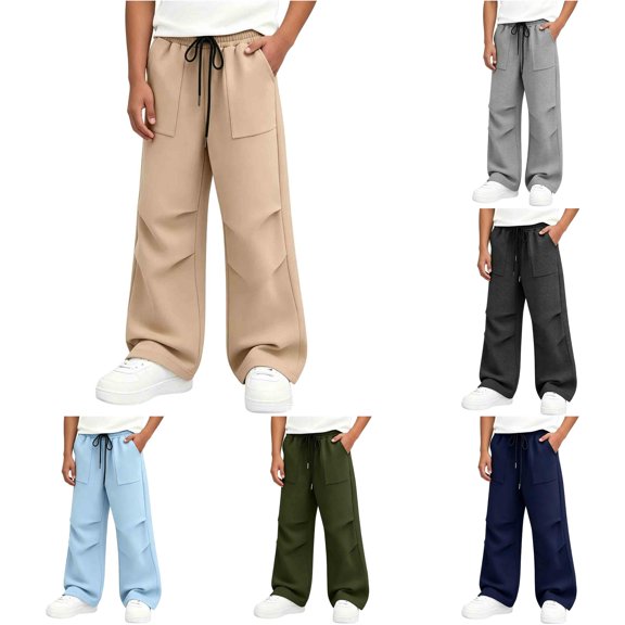 ZXLBBD Boy's Knit Wide Leg Jogger Sweatpants Gray Drawstring High Waist Solid Color Patch Pocket Loose Streetwear Bottoms Versatile Casual Daily Wear,Khaki,Size 11 Y-12 Y
