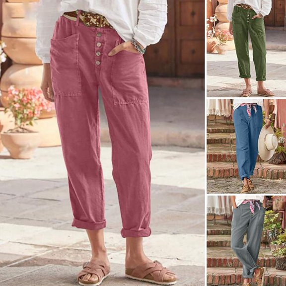Joernso Women Casual Pants Mid-rise Buttons Fly Long Pants Pockets Design Solid Color Straight Wide Leg Long Trousers Streetwear