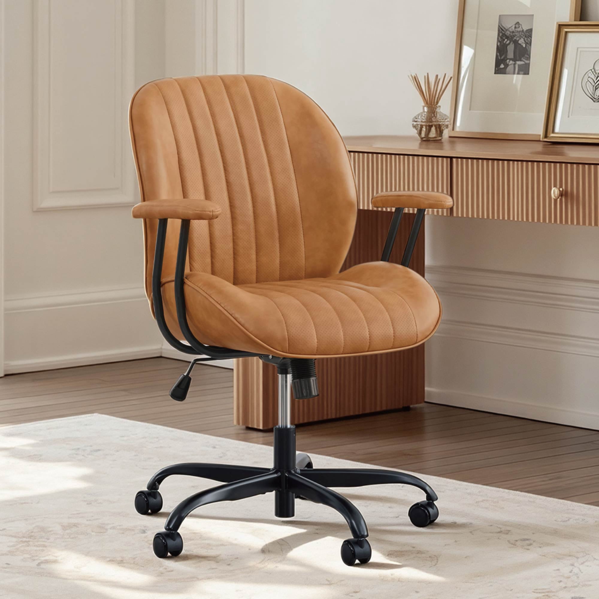 Spruce & Spring Faux Leather Office Chair with Swivel Base, Ergonomic High-Back Design, Breathable PU/Polyester Blend, Saddle Brown