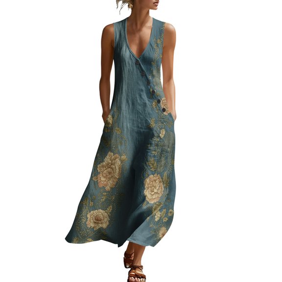 Oplxuo Summer Maxi Dresses for Women Linen V Neck Sleeveless Beach Sundress Button Casual Loose Tank Dress with Pockets