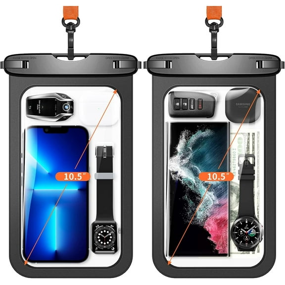 KOMI 10.5" Large Waterproof Phone Pouch, 2 Pack Universal IPX8 Waterproof Dry Bag with Lanyard for iPhone 15 14 13 Pro Max, Samsung Galaxy S24 S23 S22 Ultra, S23 FE, Pixel 8 Pro, Black Black