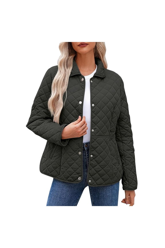 Plus Size Puffer Jackets for Women Lightweight Casual Quilted Jacket Trendy Solid Long Sleeve Lapel Winter Coat Loose Cozy Snap Button Down Outerwear with Pockets