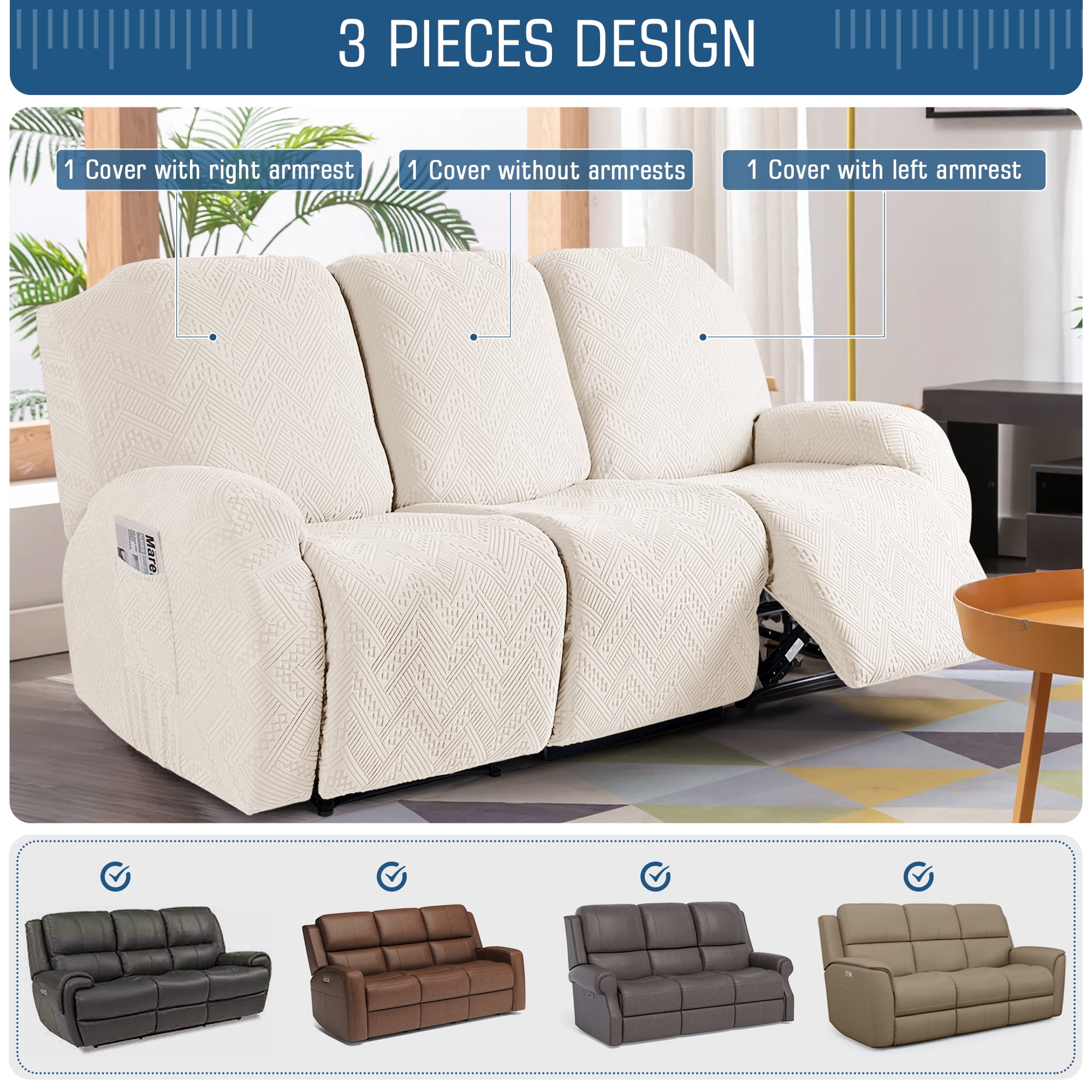 TAOCOCO Recliner 3 Seater Sofa Slipcover Anti Slip Couch Cover for Reclining Sofa Home Furniture Protector Beige Walmart