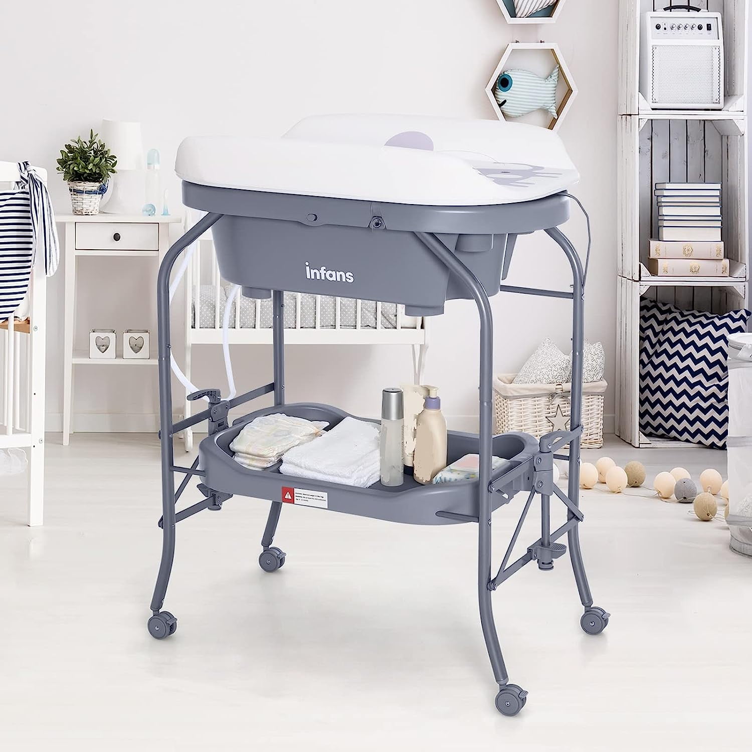 INFANS 2 in 1 Baby Changing Table with Bath Tub Unit, Folding Diaper Dresser Station with Wheels Waterproof Pad Storage Rack, Portable Nursery Organizer Stand for Newborn Infant
