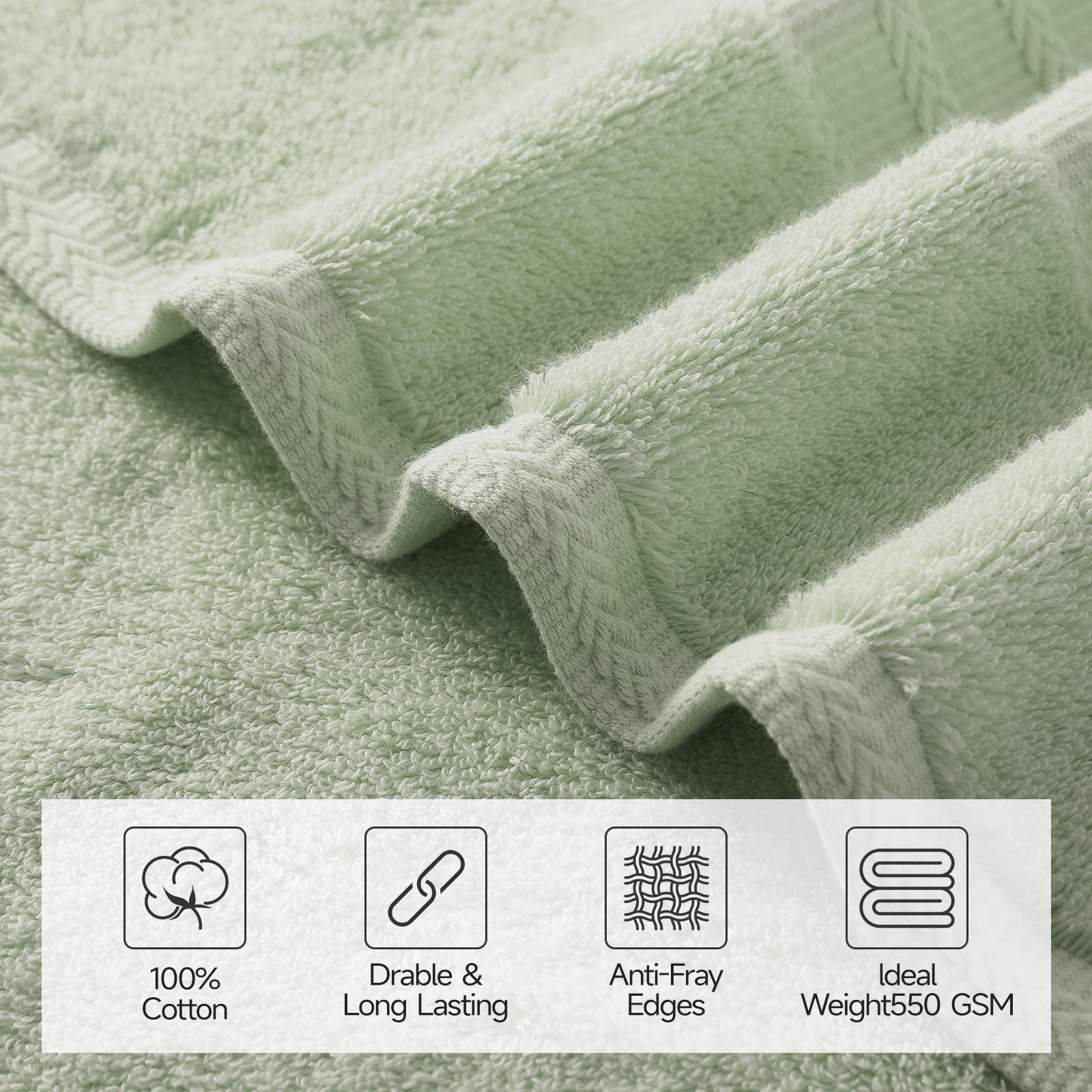 REDKISS 8-Piece 100% Cotton Towel Set, 600GSM Luxury Green Bath Towels.Quick Dry Hand Towels & Washcloths