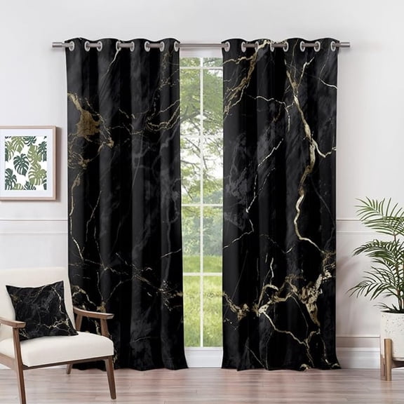 Marble Black Out Curtains, Black And Gold Abstract Modern Luxury Curtains For Bedroom Living Room, Room Darkening Grommet Drapes Patterned Window Treatments 26"W x 45"L (Pack of 2)