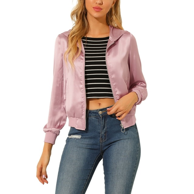 INSPIRE CHIC Blouson Bomber Brillant à Capuchon à Fermeture Éclair Scintillant Holographique Métallique pour Femme P Rose Sale