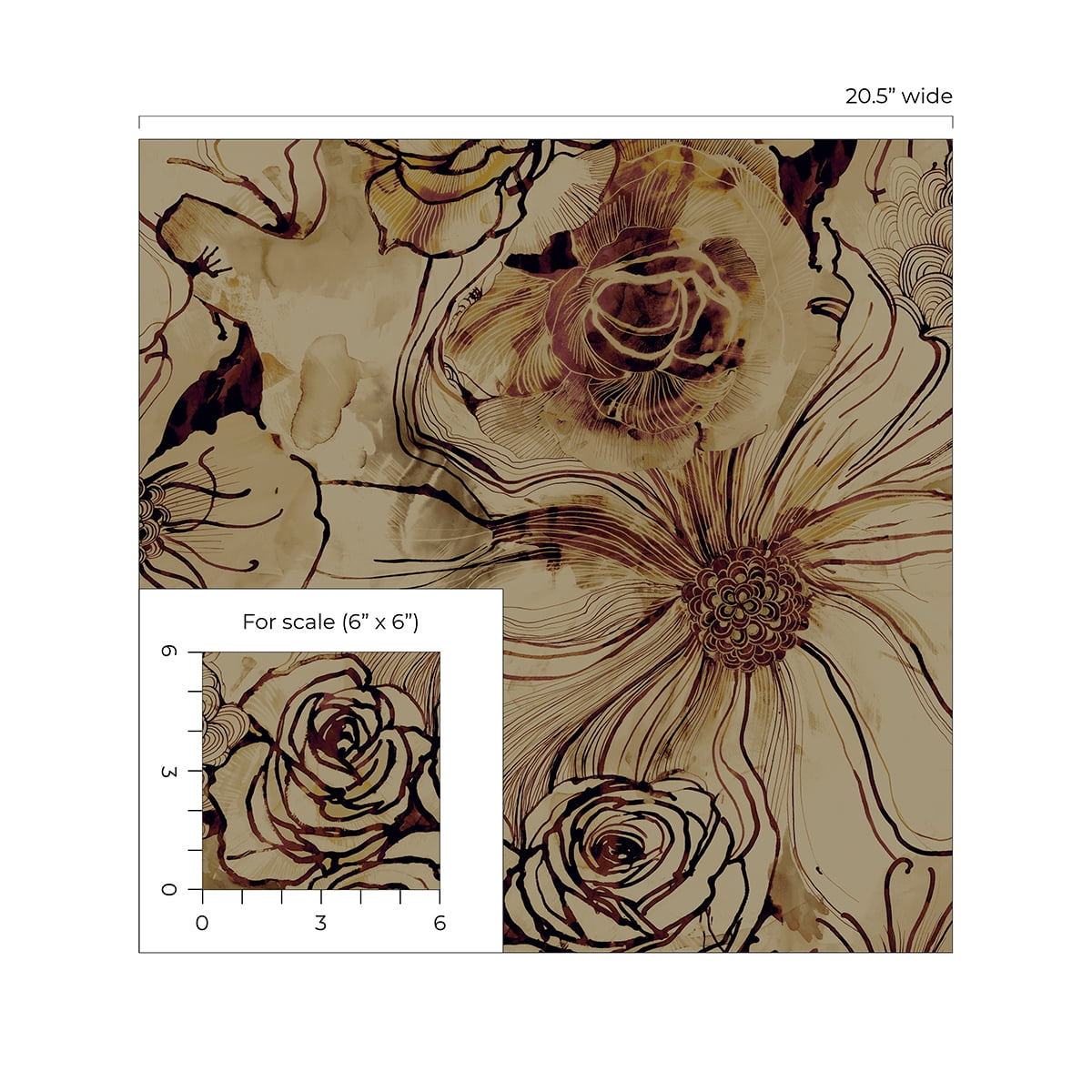 Harry & Grace Metallic Bronze & Wine Ink Rose Peel and Stick Wallpaper - 20.5 in. W x 18 ft. L Roll