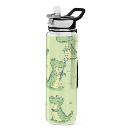 

32oz Transparent Sports Water Bottle with Straw BPA Free Tritan for Kids Adults Outdoor School Gym Fitness Cartoon Alligators Playing Golf