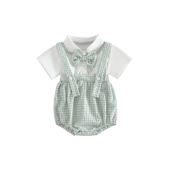 BemeyourBBs Newborn Baby Boy Gentleman Outfit Infant Baby Boy Summer Clothes Bubble Romper Fake Two-Piece Short Sleeve Turn-down Collar Plaid Bodysuit Playsuit with Bowtie Baptism Day Church Outfit