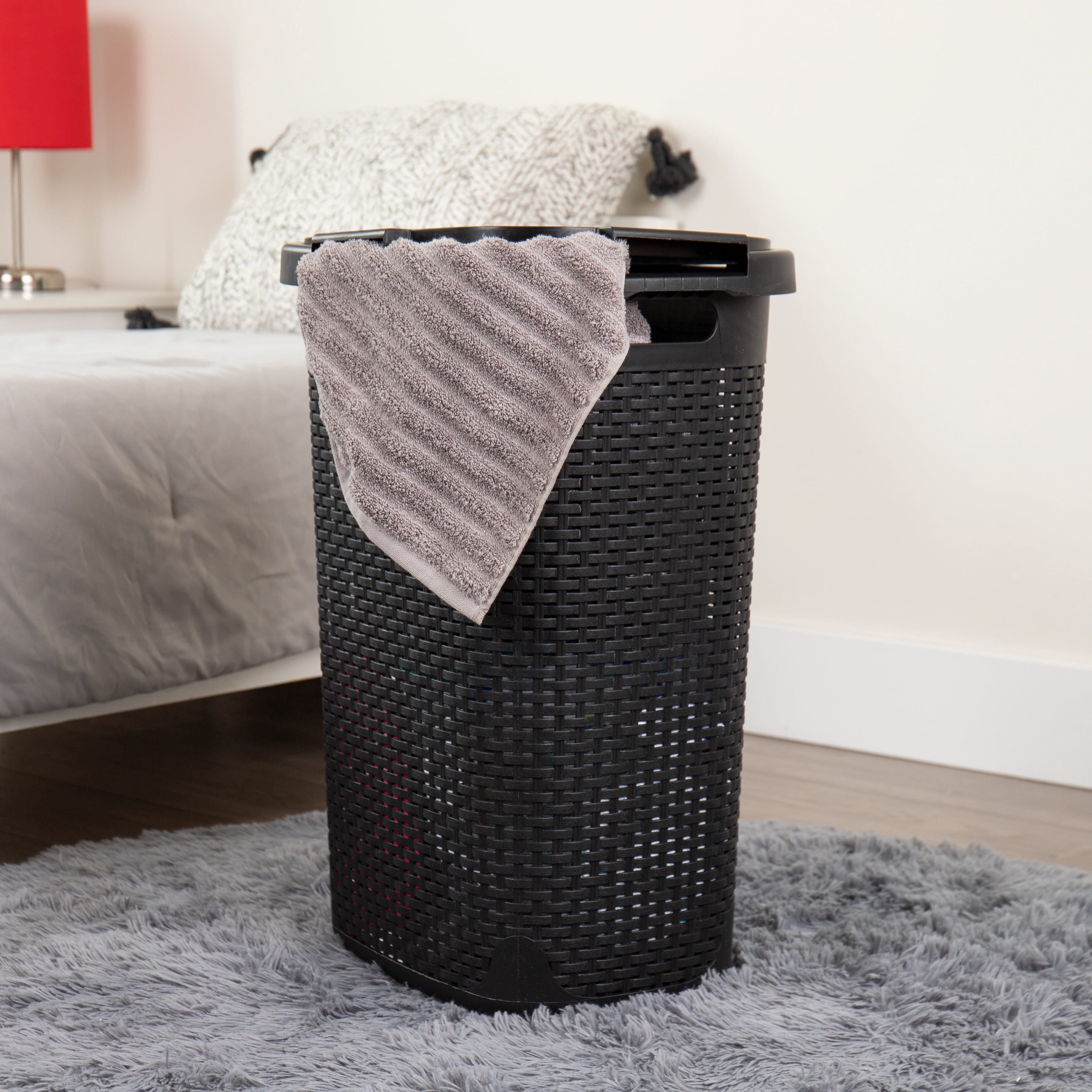 Mind Reader 60L Slim Laundry Hamper, Clothes Basket, Lid, Wicker Design, Plastic, 17.65"L x 13.75"W x 24.15"H, Set of 3, Black