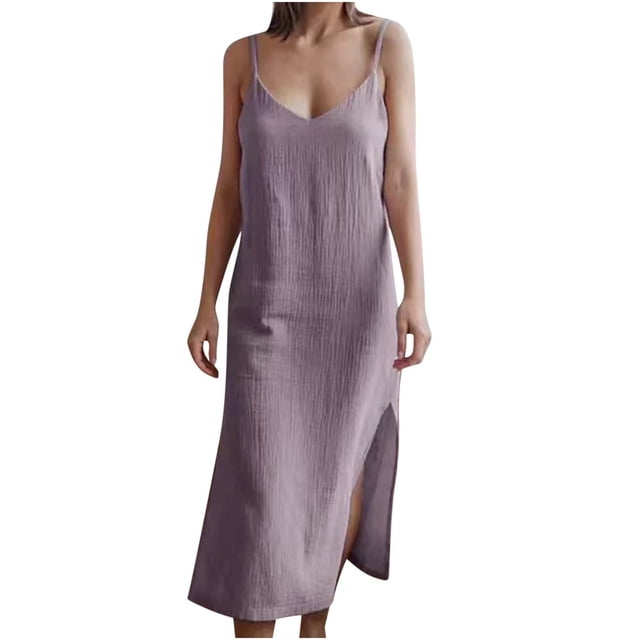 Femmes Été Sans Manches Midi Robes Spaghetti Sangle Dos Sans Manches Ourlet Décontracté Robe