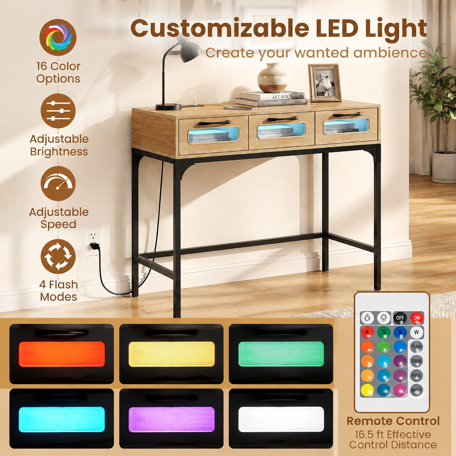Furnibear Console Table with LED Lighting and Charging Station Entryway Table with Drawers for Living Room Hallway Sofa, Natural
