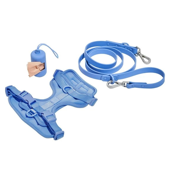 Adjustable Dog Harness, Leash and Poop Bag Holder Set, No Pull Pet Harness for Small Medium Large Dogs, Outdoor Walking, Soft Padded Vest Harness (Blue, Large)