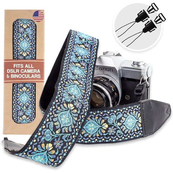 Art Tribute Adjustable Neck Shoulder Camera Strap, Crossbody For DSLR SLR Quick Release, Blue Vintage Woven