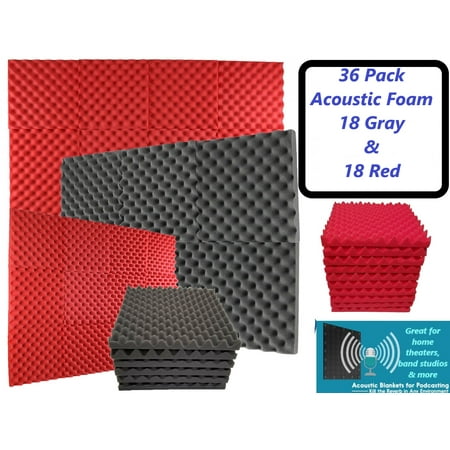 36 PK Acoustic Foam Gray & Red Egg Crate Panel Wall Tile Audio Home Studio Deadening Soundproofing 12 x 12 x