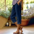 thumbnail image 2 of Linen Capris for Women Petite Pull On Straight Leg Cropped Pants Summer Elastic Waist Lightweight Casual Trousers With Pockets Navy M, 2 of 7