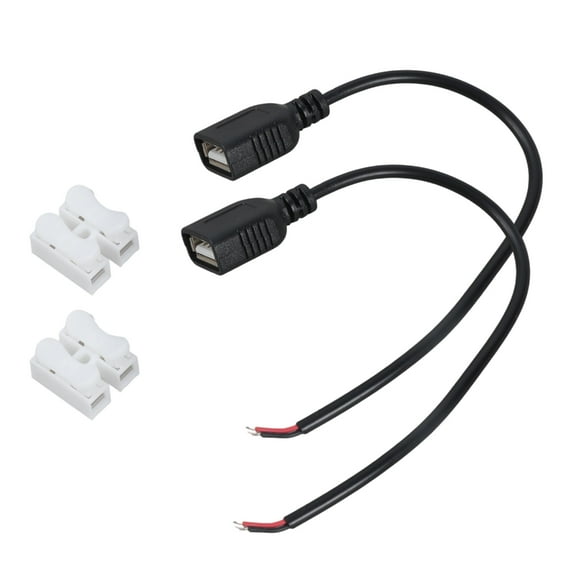 2Pcs/pack USB Female To 2Pin Wire Charging Cable Line with Terminals For 5V LED Strips Low Power Devices Black