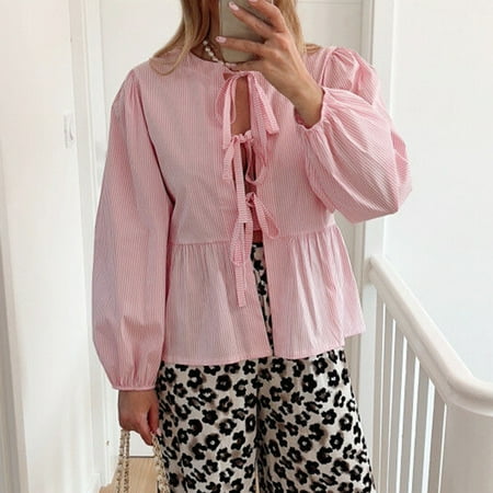 Y2K Babydoll Tops for Women Front Tie Puff Sleeve Peplum Blouses Bandage Lace Up Ruffle Hem Shirts Cute Summer Tops