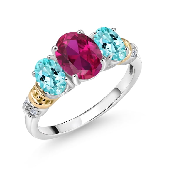 Gem Stone King 925 Sterling Silver and 10K Yellow Gold Oval Red Created Ruby Blue Apatite and White Diamond 3 Stone Ring for Women (2.43 Cttw, Gemstone July Birthstone, Size 5)