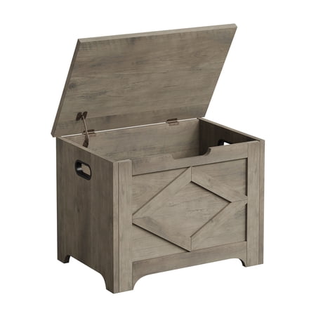 Farmhouse Wooden Storage Chest and Bench with Safety Hinge – 23.6" Large Organizer with U-Shaped Handle, Supports 300 lbs, Easy Assembly, Multi-Use Shoe Bench – Washed Gray Design