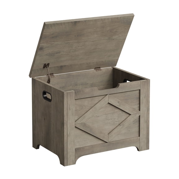 Farmhouse Wooden Storage Chest and Bench with Safety Hinge – 23.6" Large Organizer with U-Shaped Handle, Supports 300 lbs, Easy Assembly, Multi-Use Shoe Bench – Washed Gray Design