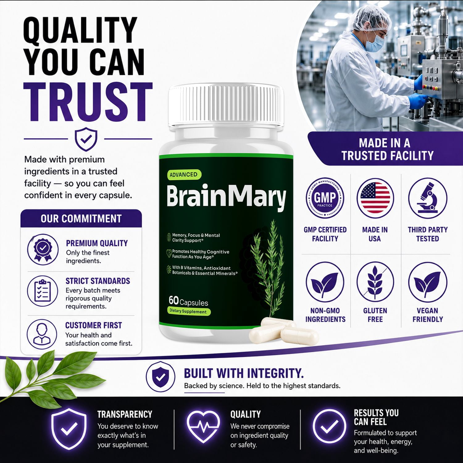 BrainMary Advanced Formula Brain Support Pills Maximum Strength Supplement Brain Mary 180 Capsules