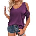 thumbnail image 2 of Crew Neck Women Solid Color Casual Cold Shoulder Tops Off Shoulder Summer T-shirt, 2 of 5