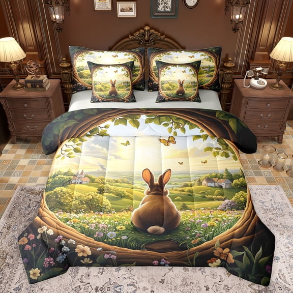 Castle Fairy Child Teenagers Cartoon Animal Rabbit Twin Bedding Sets 7-Piece,Spring Garden Flowers Butterfly Bedding Comforter Set Microfiber,Rustic Cottage Cabin Breathable Sheet Sets