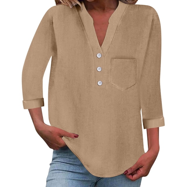 Shirts for Women Long Sleeve V Neck Solid Color Button Down Ladies Top Clothes