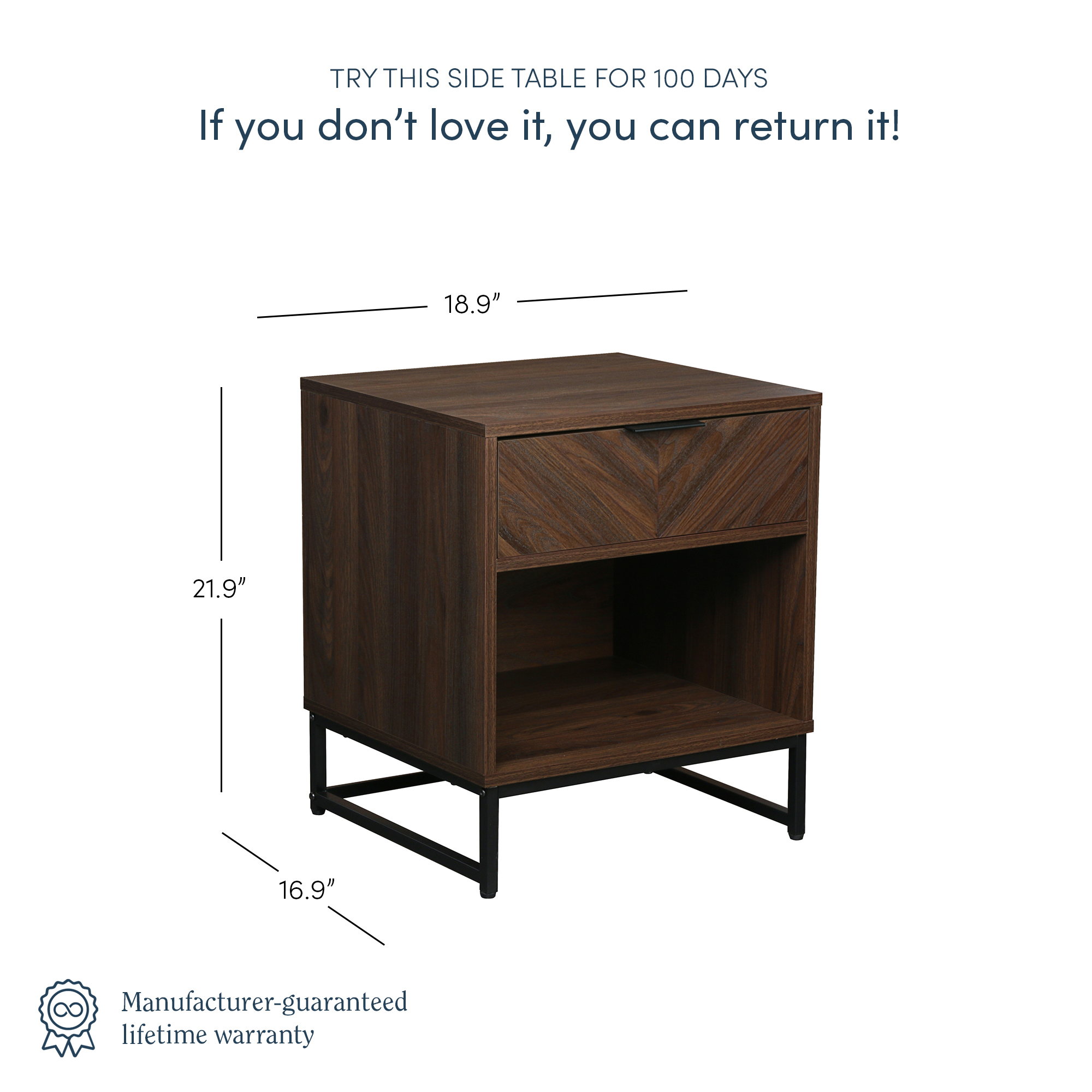 Nathan James Kensi Walnut Rustic Nightstand Black Matte Metal Base with Open Cubby for Storage and Drawer