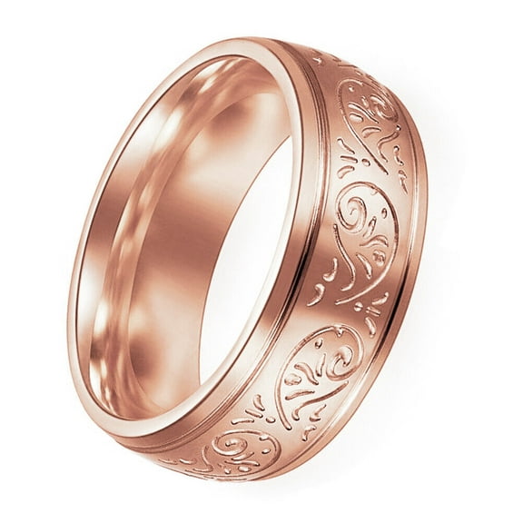 Wedding Rings for Women. 7mm Rose Stainless Steel Band Floral Etched Design
