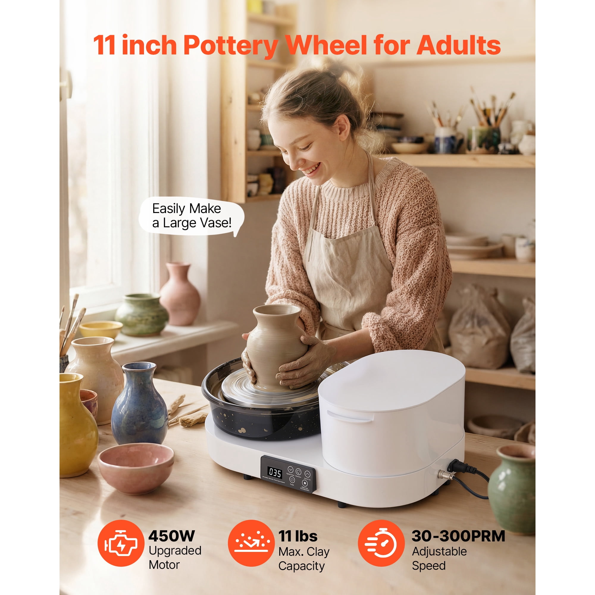 KFFKFF Electric Pottery Wheel for Adults, 11" Aluminum Turntable, 450W Tabletop Clay Wheel with Foot Pedal, Adjustable Speed 30-300 RPM, Durable Aluminum Body, Ideal for Beginners