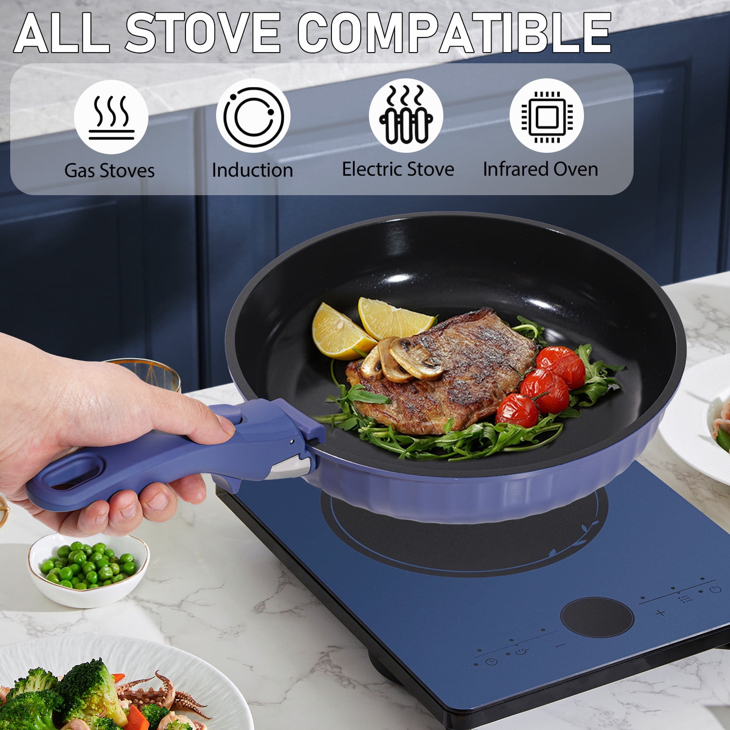 Vivicreate 11-Piece Nonstick Aluminum Pots and Pans Set with Removable Handle, Granite-Inspired Cookware, Induction Compatible, Stackable Design