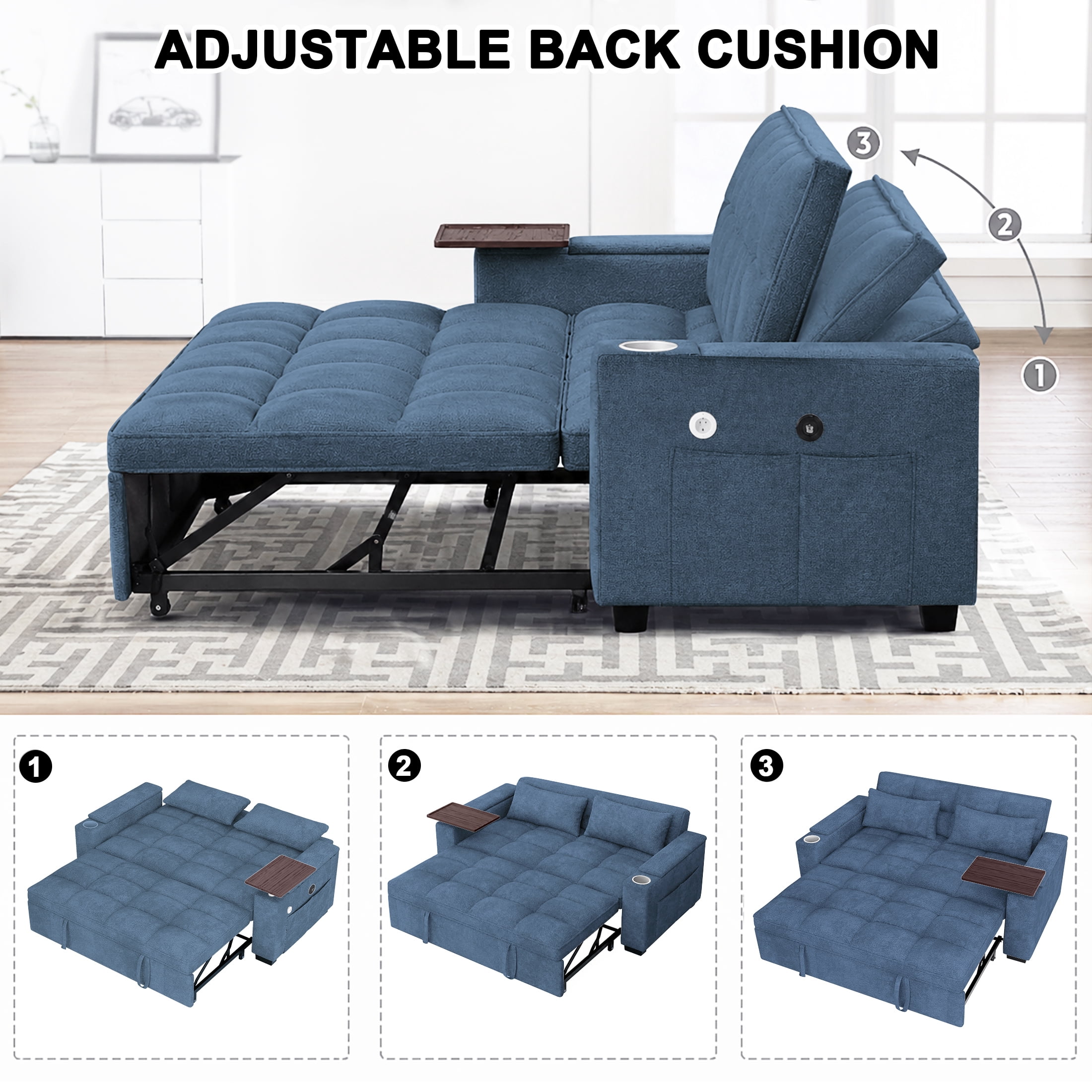 ShiKeyi 68.5'' 3-in-1 Velvet Convertible Sleeper Sofa, Pull Out Sofa Bed with Storage & Charging Port, Blue