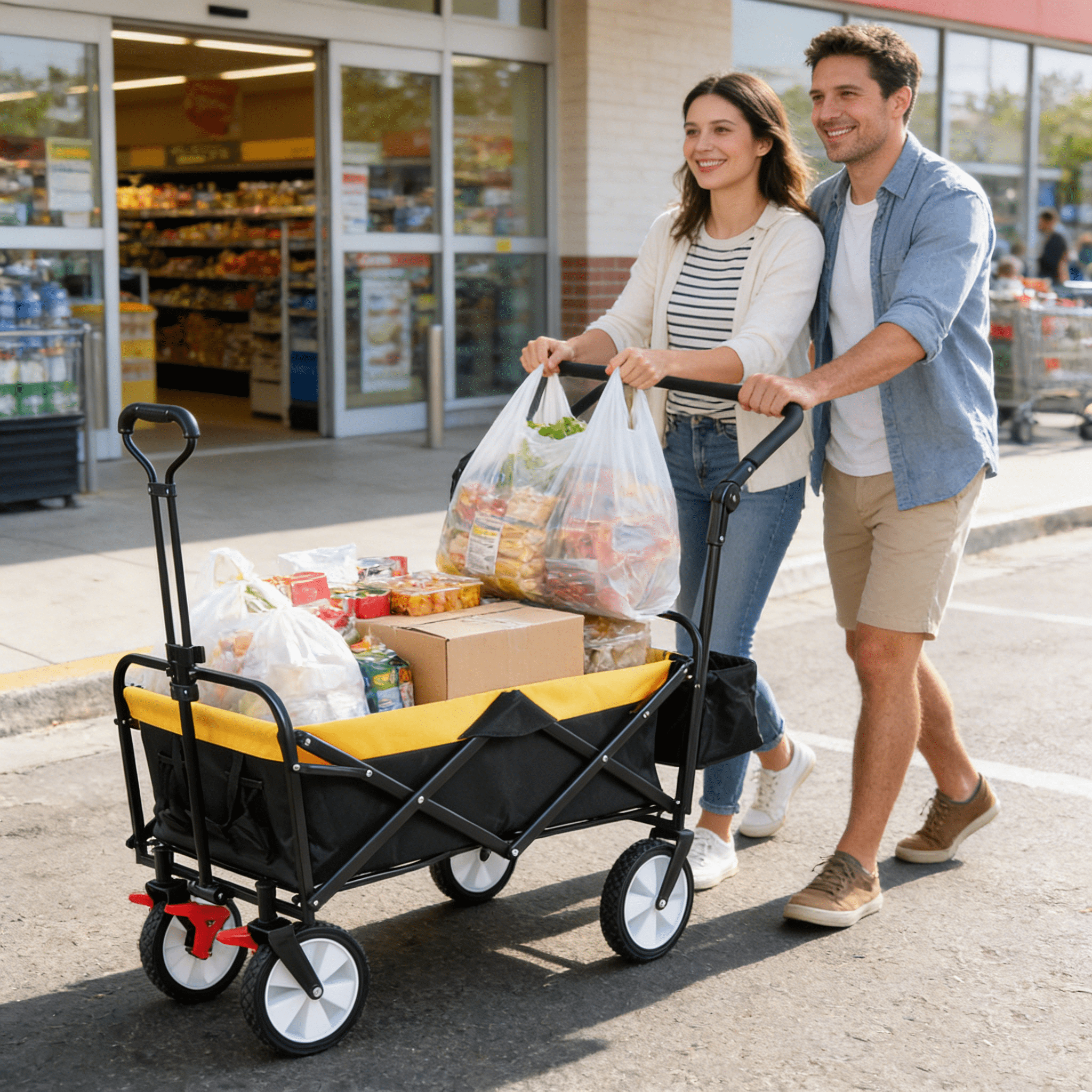 Collapsible Outdoor Utility Wagon, Heavy Duty Folding Garden Portable Hand Cart, Drink Holder, Adjustable Handles