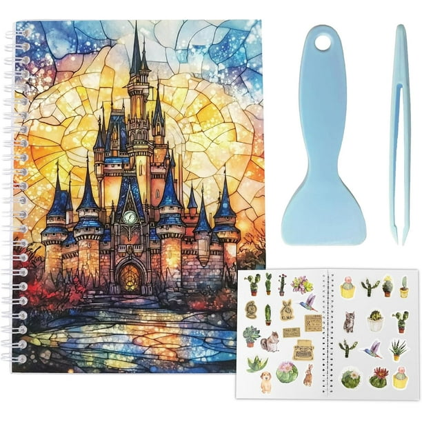 Álbum de pegatinas reutilizable de 40 páginas, diseño de castillo, para guardar pegatinas, 21,8 x 14,7 cm, doble cara, impermeable, en blanco, para pegar, con herramientas.