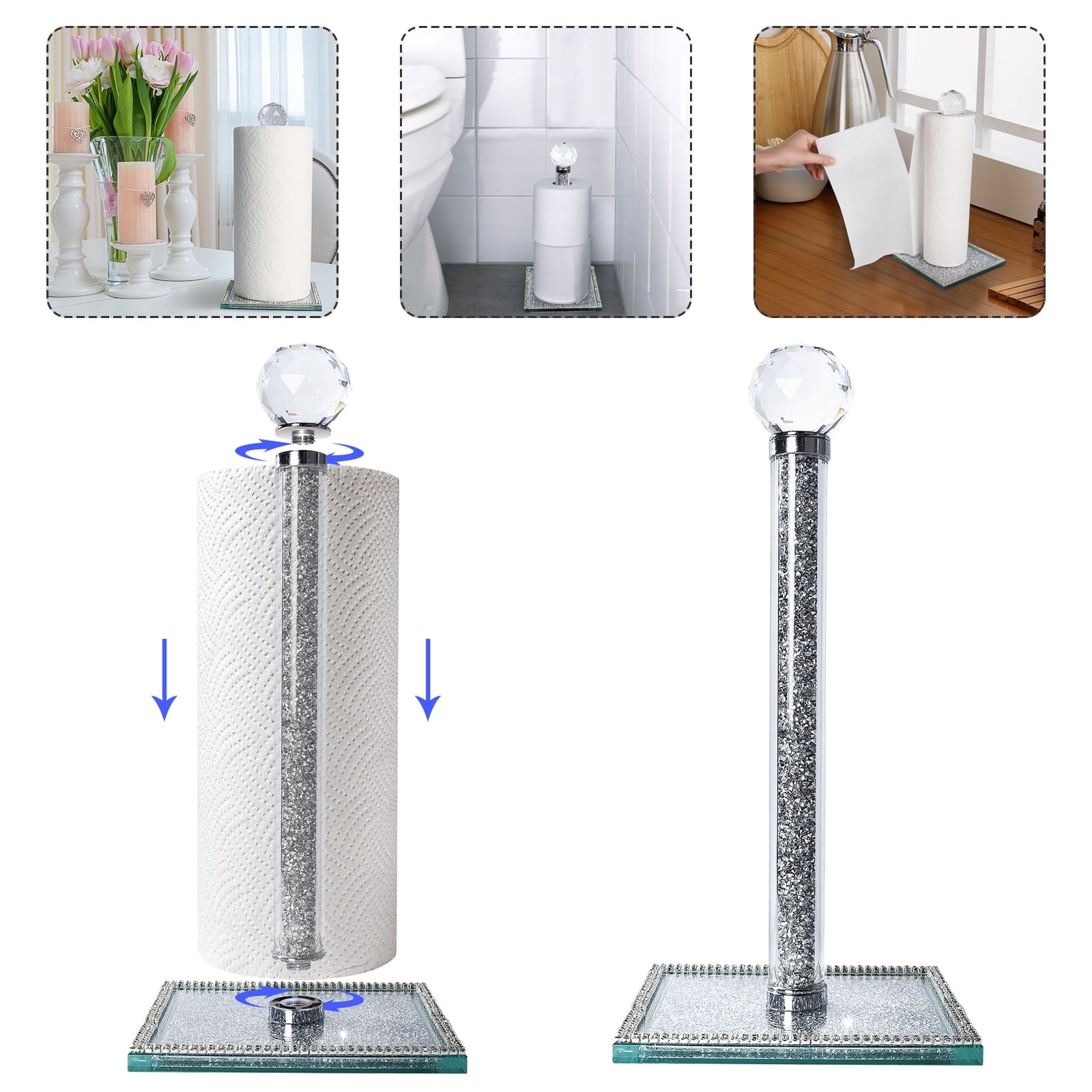 FOUNDLDF Paper Towel Holder, Kitchen Countertop Square Base Vertical Paper Towel Holder, Sparkling Crystal Crushed Diamond Effect Bathroom Paper Towel Holder