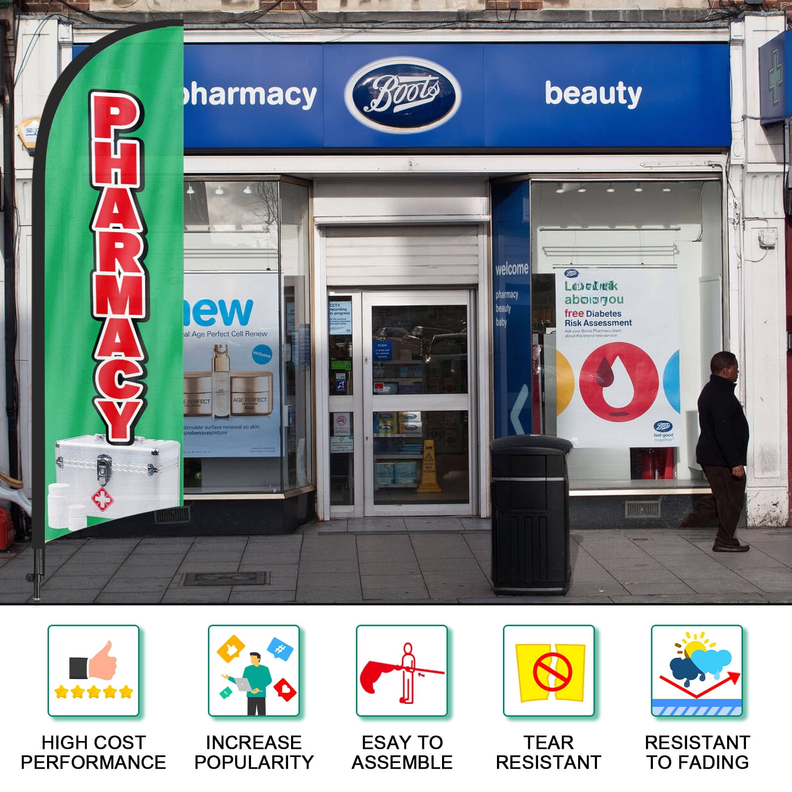 QSUM Pharmacy Feather Flag with Flag Pole Kit and Ground Spike, 8.2FT Pharmacy Windless Flag Banner Sign Business for Outdoor Advertising Sign Decoration Display