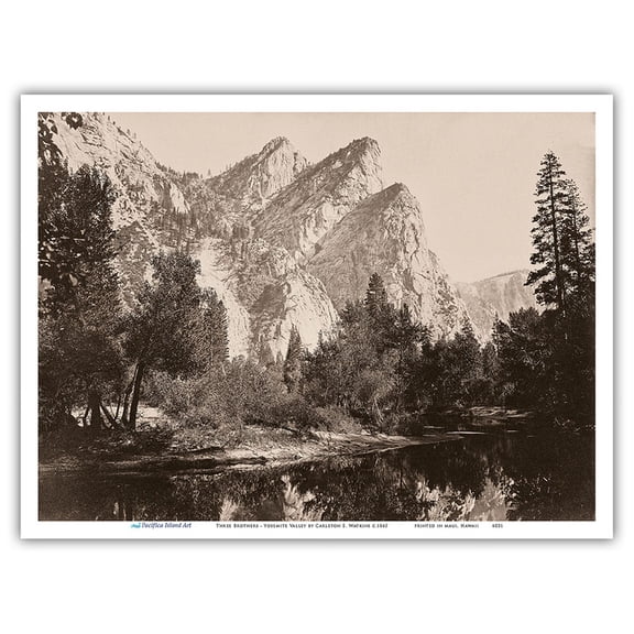 Three Brothers - Yosemite Valley California - B&W Photograph by Carleton E. Watkins c.1865 - Master Art Print (Unframed) 9in x 12in