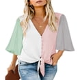 thumbnail image 1 of CHOK Women‘s Button Down V Neck Tops Ruffled 3/4 Sleeve Tie Knot Front Blouses White Sizes S-2XL, 1 of 3