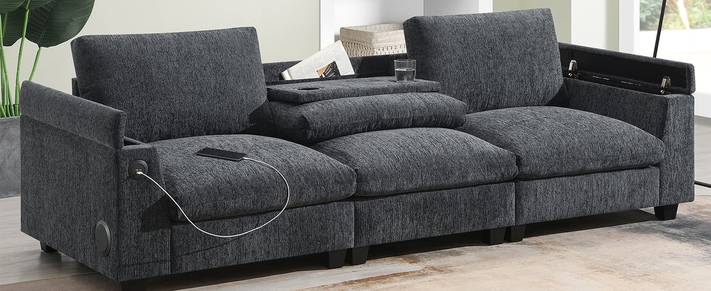 MAYEERTY 96x35" Chenille Sectional Sofa - Bluetooth Speaker, Drop Down Table/Cup Holders/USB/Storage, Wide Seat for Living Room/Apartment/Office, 3 Colors