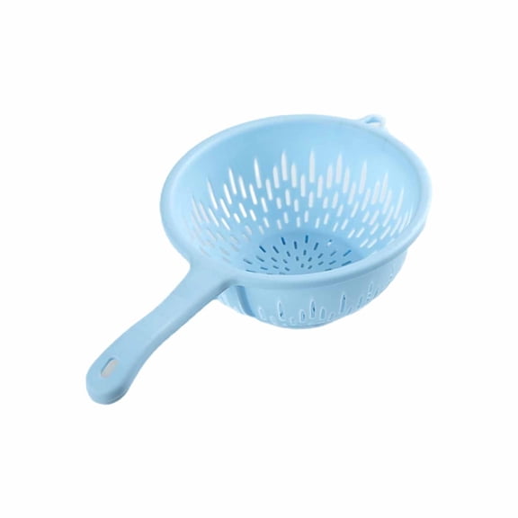 Colander with Handle for Washing Fruits and Vegetables Compact Kitchen Drain Strainer for Food Easy to Store for Home Use Dark Blue White