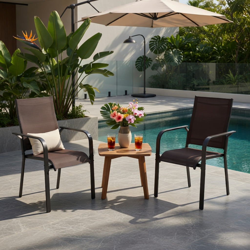Hommoo Stackable Outdoor Patio Dining Chairs Set of 2, Modern Metal Armchairs with Breathable Mesh Back, Easy Assembly for Deck, Balcony & Garden, Coffee
