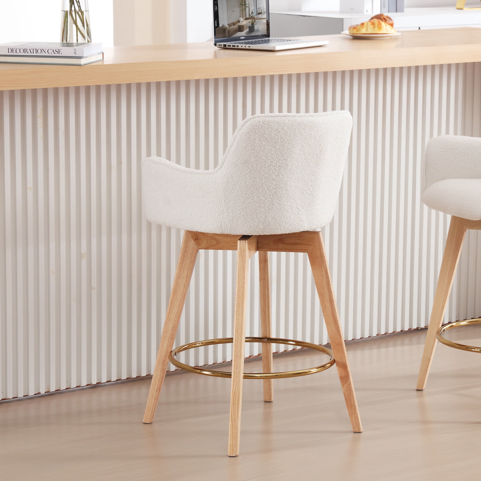 Zesthouse 26.6" Modern Bar Stools, Swivel Single Counter Height Chairs for Kitchen Island, Upholstered Boucle Barstools with Barrel Back, Arms and Wood Legs, Sherpa Fabric Kitchen Bar Chair, White