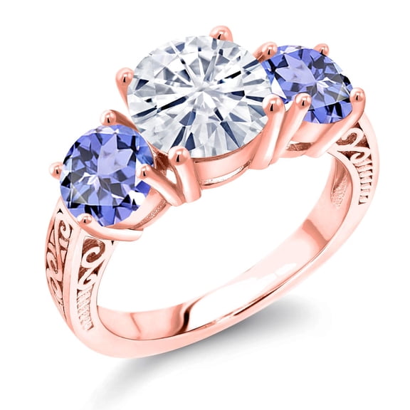 Gem Stone King 18K Rose Gold Plated Silver White Moissanite and Blue Tanzanite Engagement Ring for Women | 3.70 Cttw | Round 8MM | Gemstone Birthstone | Size 5
