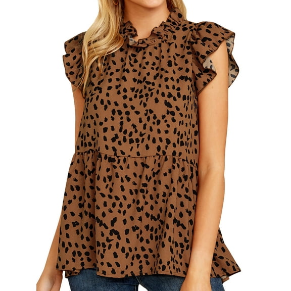 Women Ruffled Sleeve Button Closure Polka Dots Printed Pleated Shirt,2XL