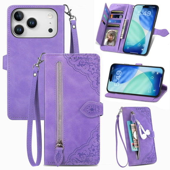 Dteck for iPhone 17 Pro 2025 released Wallet Case with Credit Card Holder Zipper Pocket, Magnetic Flip Folio Book PU Leather Phone Case Shockproof Wristlet Strap Cover for Women Men, Purple