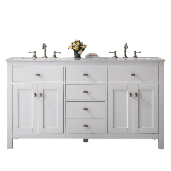 Totti Artemis 60" White Transitional Double Sink Bathroom Vanity w/ White Carrara Style Man-Made Stone Top