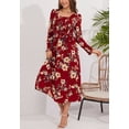 thumbnail image 3 of Scoop Neck Shirred Floral Print Dress for Women Mid-Calf Length Red Small, 3 of 4